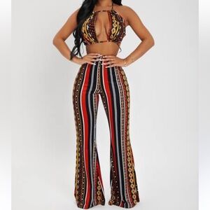 Halter Crop Top & Wide-Leg Pants Set Sexy Boho Hippie Y2K Party Petite Large Hot